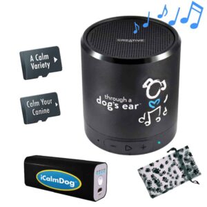 iCalmDog Dog Lover's Deluxe Package includes Bluetooth Speaker, Power Bank, 2 micro SD sound cards and a pouch