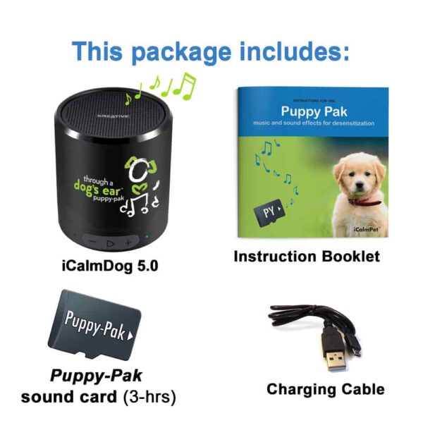 icalmpet icalmdog calming pet tunes Puppy-Pack speaker package includes speaker, micro SD sound card, instruction booklet and chagring cable