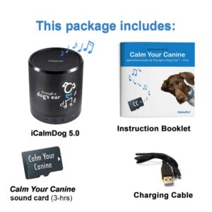 icalmpet through a dogs ear this package includes icalmdog 5.0 instruction booklet calm your canine sound card charging cable
