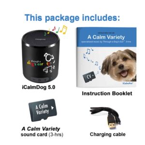 icalmpet through a dog's ear icalmdog 5.0 portable speaker a calm variety instruction booklet sound card charging cable